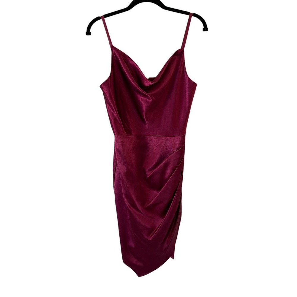 Womens Satin Bodycon Dress Size 5/6 Burgundy Red Cowl Neck Y2K HOCO Asymmetric